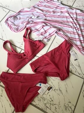 Textured Red/Coral 4 piece Bikini Set with Matching Stripe Cover-Up